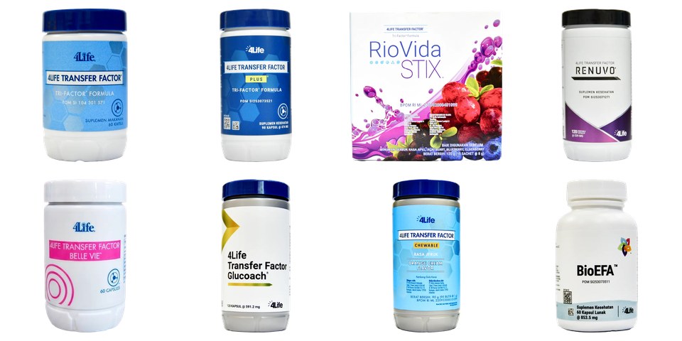 Produk 4Life Transfer Factor Indonesia: Tri-Factor, Plus, RioVida Stix, Renuvo, Belle Vie, GluCoach, Chewable dan BioEFA